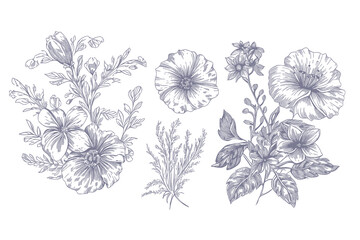 Floral set of hand drawn flowers. Botanical line art wallpaper with flowers, branches eaves. Pastel watercolor floral design for banner, prints, wall art and home decor, wedding invitation