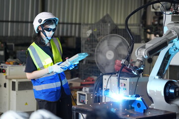 Robotics engineer working on maintenance of robotic arm in factory warehouse. Business technology.