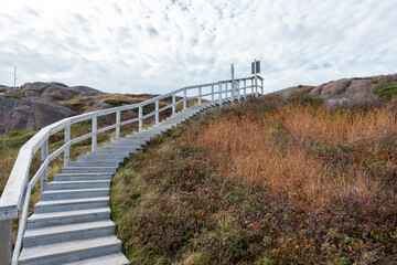 A long wood curved stairway up a rocky hill with a wooden handrail railing.  The steps have a low...