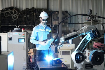 Robotics engineer working on maintenance of robotic arm in factory warehouse. Business technology.