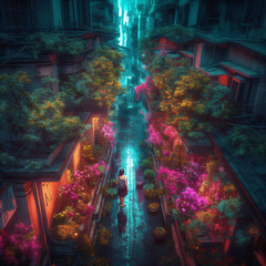 aerial view of a person walking down a street full of colorful flowersGenerative Ai