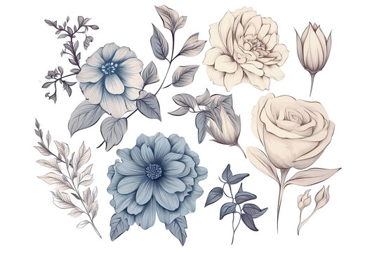 Floral set of hand drawn flowers. Botanical line art wallpaper with flowers, branches eaves. Pastel watercolor floral design for banner, prints, wall art and home decor, wedding invitation