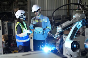Robotics engineer working on maintenance of robotic arm in factory warehouse. Business technology.