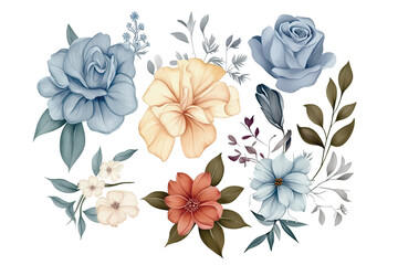 Floral set of hand drawn flowers. Botanical line art wallpaper with flowers, branches eaves. Pastel watercolor floral design for banner, prints, wall art and home decor, wedding invitation