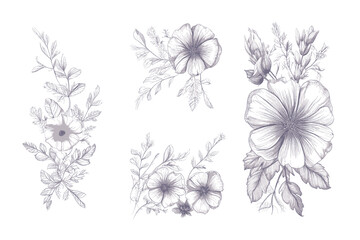 Floral set of hand drawn flowers. Botanical line art wallpaper with flowers, branches eaves. Pastel watercolor floral design for banner, prints, wall art and home decor, wedding invitation