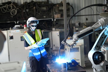 Robotics engineer working on maintenance of robotic arm in factory warehouse. Business technology.