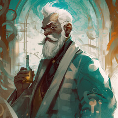 Fantasy character alchemist holding a potion on his hand Generative Ai - obrazy, fototapety, plakaty