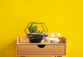 Florarium with candles on table near yellow wall