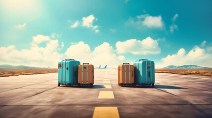 Suitcases with an airport runway near it