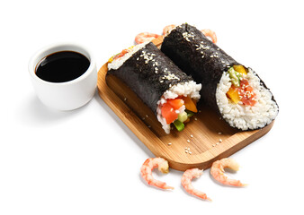Wooden board with tasty sushi rolls and soy sauce on white background