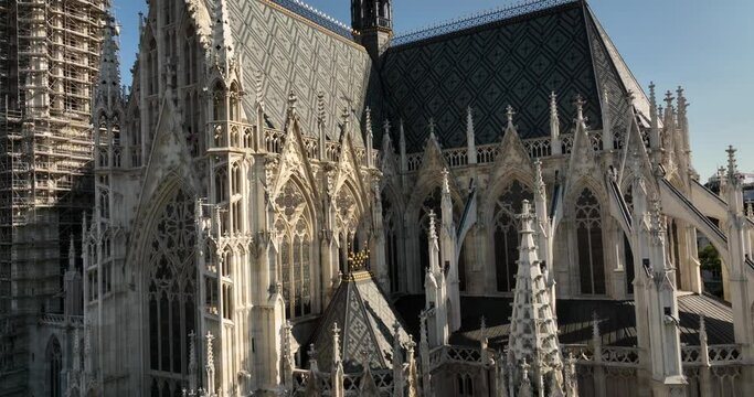 Aerial of Toward and Over St. Stephen's Cathedral in Vienna, Austria. Stephen's Cathedral, history famous buildings Vienna and Austria top view from drone.