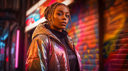 A young African American woman wearing streetwear created with Generative AI technology