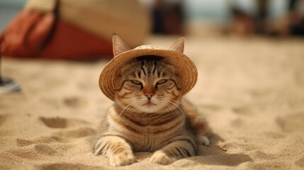 Fluffy ginger cat in a straw hat is resting on a sandy beach on a sunny summer day. Generative AI
