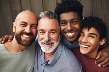 Male gay couple with adopted children, happy family Generative AI