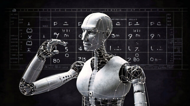 A white robot standing in a blackboard with math formulas written on it