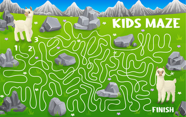 Labyrinth maze help the llama alpaca find the friend. Kids vector board game with funny animals on green field and tangled path. Educational boardgame riddle with cartoon lama, children worksheet © Vector Tradition