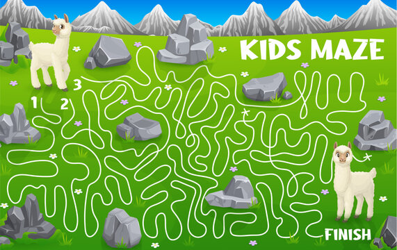 Labyrinth maze help the llama alpaca find the friend. Kids vector board game with funny animals on green field and tangled path. Educational boardgame riddle with cartoon lama, children worksheet