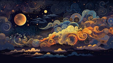 Clouds, sun, stars, and moon in a dark night background wallpaper