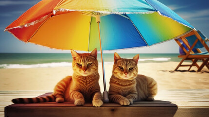 Fluffy red cats are relaxing with cocktails on a sun lounger under an umbrella on a sandy beach on a sunny summer day. Generative AI