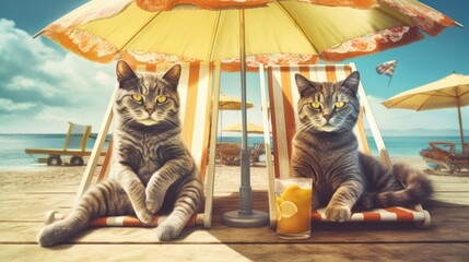 Fluffy red cats are relaxing with cocktails on a sun lounger under an umbrella on a sandy beach on a sunny summer day. Generative AI