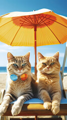 Fluffy red cats are relaxing with cocktails on a sun lounger under an umbrella on a sandy beach on a sunny summer day. Generative AI