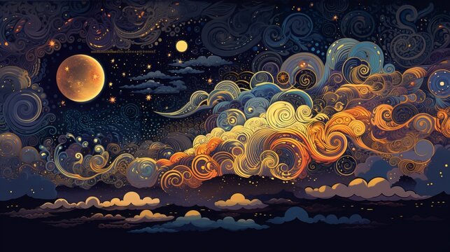 Fototapeta Clouds, sun, stars, and moon in a dark night background wallpaper