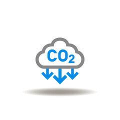 Vector illustration of cloud with CO2 and arrows down. Icon of carbon dioxide reduce. Symbol of CO2 emissions reduction.