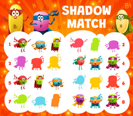 Shadow match game. Cartoon cheerful superhero vitamin characters. Shadow match kids playing activity, similarity search game vector worksheet with B, P N and H, A, U micronutrient hero cute personages