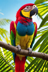 Obraz premium Colorful tropical ara parrot in jungle on a sunny day. Rainforest illustration with bright beautiful macaw among exotic plants with big leaves. Background with pristine nature landscape. Generative AI