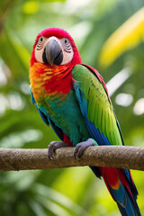 Obraz premium Colorful tropical ara parrot in jungle on a sunny day. Rainforest illustration with bright beautiful macaw among exotic plants with big leaves. Background with pristine nature landscape. Generative AI