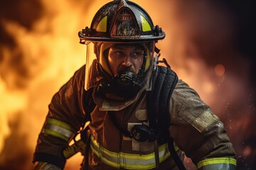 A determined firefighter in full gear, tackling a raging inferno with a focused expression