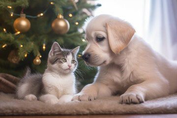 Fototapeta na wymiar Cute puppy and kitten Generative AI