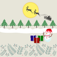 merry christmas and new year Santa Claus drives a sleigh with reindeer in the sky with the moon. flat cartoon style vector illustration.