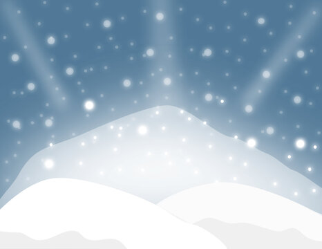 Winter landscape with snow and hills, blue sky and snow falling. vector image with space for text.