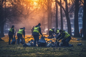 A community-driven effort to protect nature, as environmentalists clad in protective gear meticulously pick up plastic litter in a park