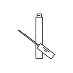 Open tube of mascara icon. Linear logo of makeup. Black simple illustration of eyelash brush and container. Contour isolated vector emblem on white background.
