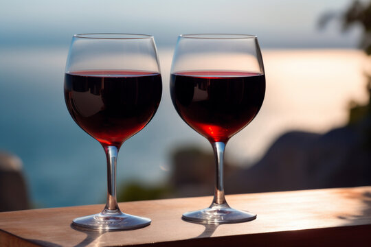 2 Glässer Rotwein bei mediteranem Ambiente. Querformat. Generative Ai.