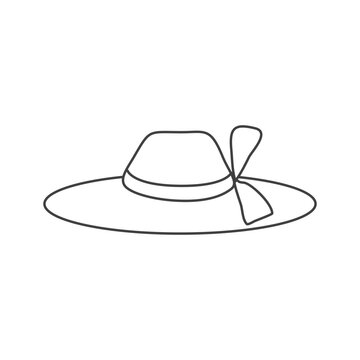 Women sun hat in continuous line art drawing style. Female summer hat with decorative bow knot. Minimalist black linear design isolated on white background. Vector illustration.