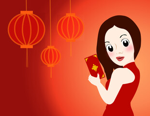 Cartoon young woman holding red envelopes with Chinese new year on red background.