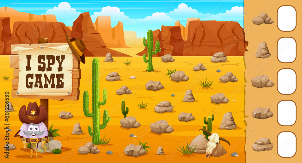Aufkleber western i spy game count the stones in wild west desert. kids vector riddle help to sheriff garlic t