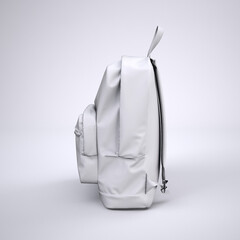 Blank white closed backpack with zipper mock up, front view, 3d rendering. Empty tourist or study haversack with handle and pocket mockup, isolated. Clear packsack for gym or sport mokcup template.