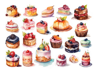 Watercolor illustration of cakes set composition on a white background