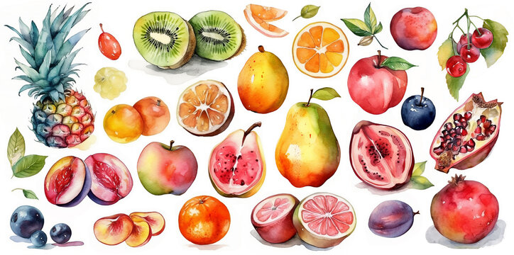 Watercolor illustration set of different summer fruits on the white background