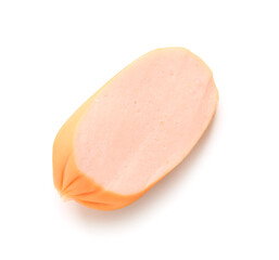Slice of tasty boiled sausage on white background