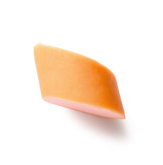 Slice of tasty boiled sausage on white background