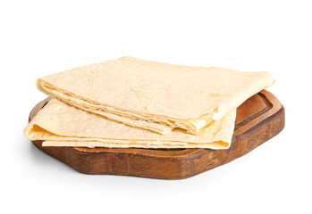 Wooden board with fresh thin lavash on white background
