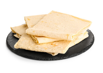 Board with fresh thin lavash on white background