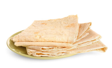 Plate with fresh thin lavash on white background