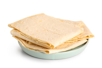 Plate with fresh thin lavash on white background