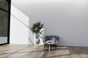 Stylish Modern wooden living room in white background, Scandinavian style, Rattan home decor, 3D illustration, 3D rendering.